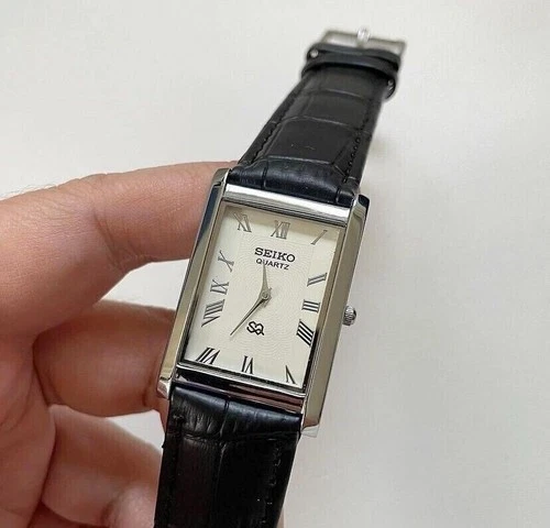 Vintage Seiko Slim Tank Quartz Men White Dial Dress Watch-Free DDP Shipping
