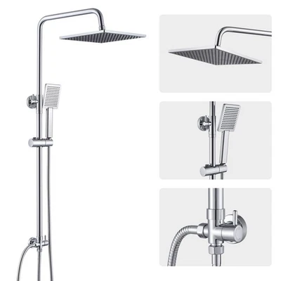 DERW MAX 10-Inch Square Rain Shower Set with Handheld Showerhead Adjustable Rail Chrome