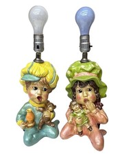 Vintage Boy And Girl Chalkware Nursery Room Table Lamps