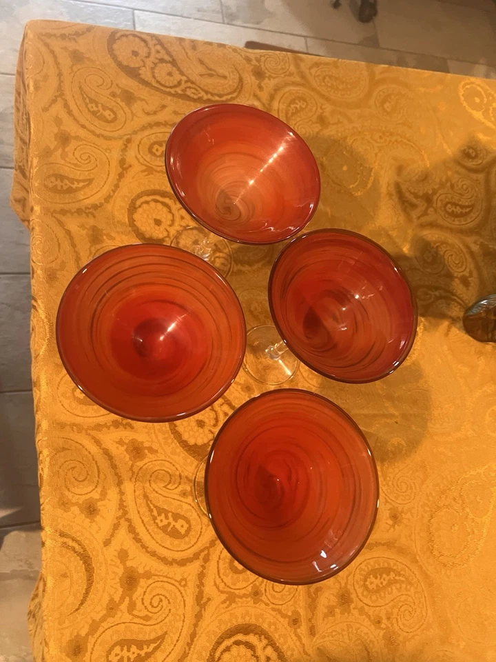 Juego X4 de vidrio artístico soplado a mano vintage naranja y marrón remolino otoño Martini Glass Foto 3 de 4