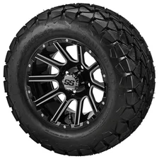 (4) Golf Cart 22x10-12 Trail Fox A/T Tire on 12x7 Black/Ball Milled Venom Wheels