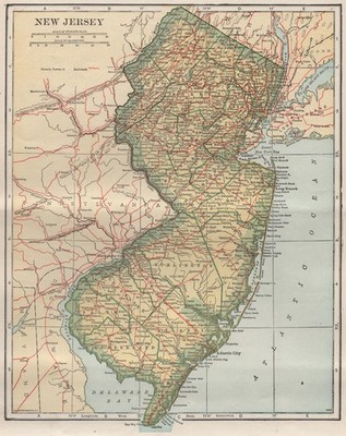 New Jersey State Karte zeigt Eisenbahnen. POATES 1925 alte antike Plankarte