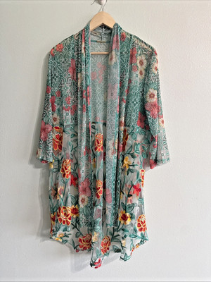 Ruby Rd Cardigan Duster Women s Size Large Open Bright Colorful Velvet Floral