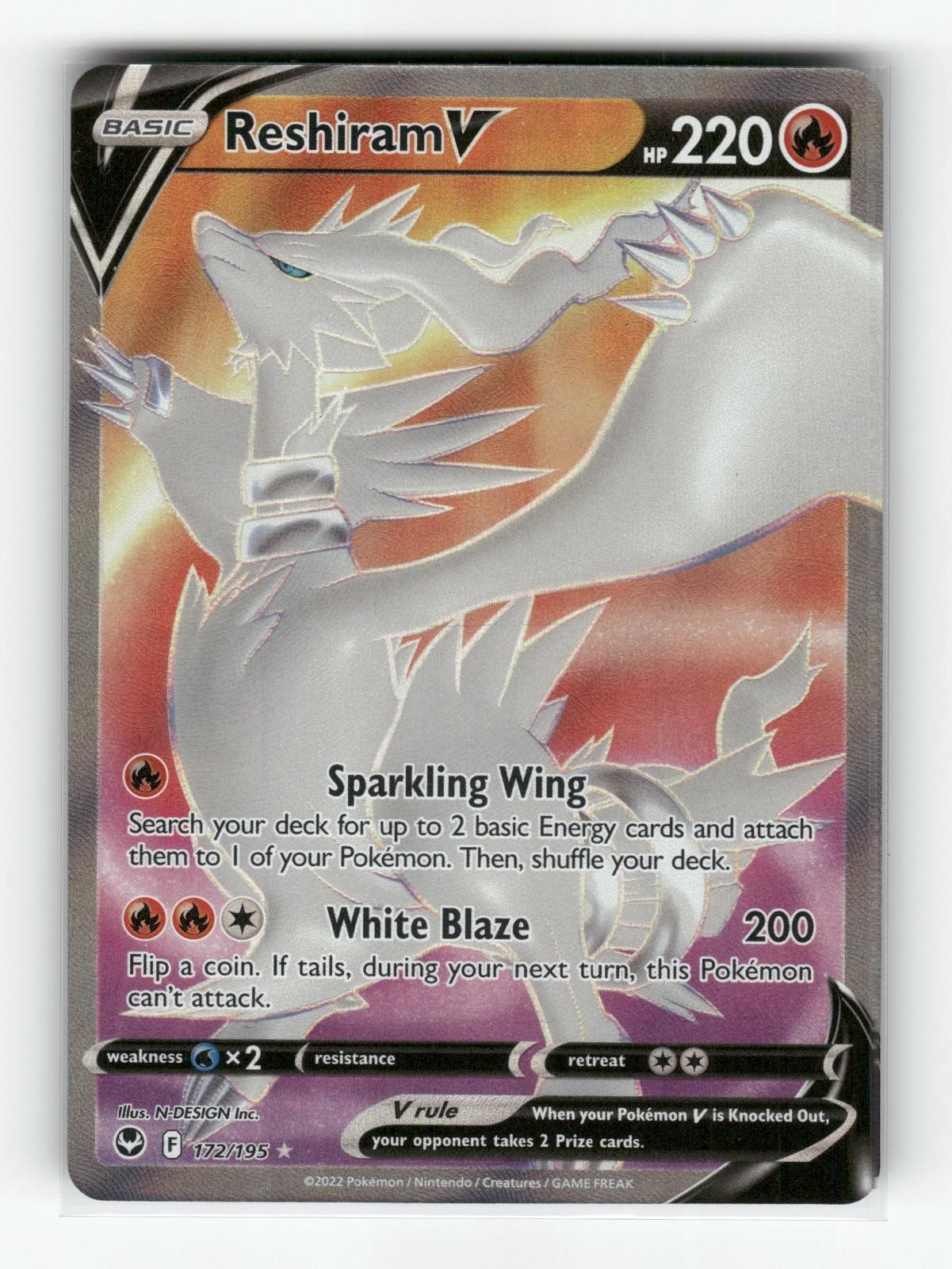 Reshiram V 172/195 Ultra Rare Silver Tempest Pokemon Holo Near Mint