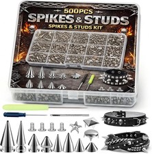 500 Sets Punk Spikes and Studs Kit,11 Sizes Metal Rivets for Jackets, Shoes, Bel