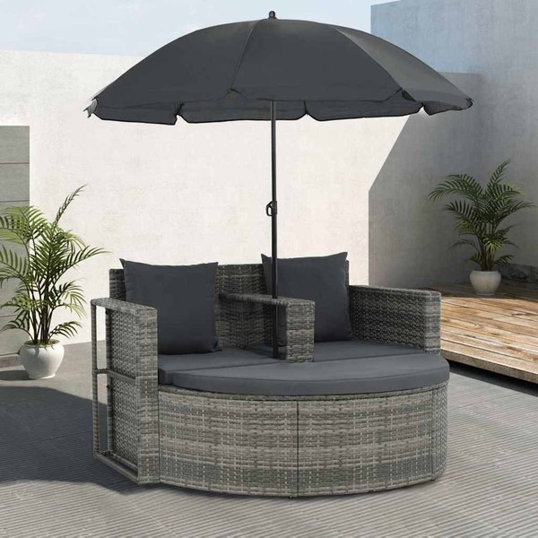 Vidaxl 2-Sitzer-Sofa Mit Kissen Und Sonnenschirm, Polyrattan, Grau-image