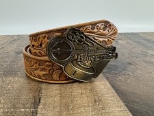 Vtg Leather Tooled Hand-Finished 34" Belt w/ Leaves Acorns Bluegrass Buckle