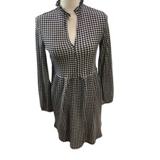 Zara Houndstooth Dress S Mock Neck Ruffle Keyhole Long Sleeve A Line Women's