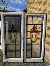 Pair Of Reclaimed Leaded Light Stained Glass Window Panels