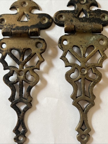2 antike versetzte Messing Riemen Scharniere Gothic Tudor Schrank Tür Hardware 7 6/8" - Bild 3 von 10