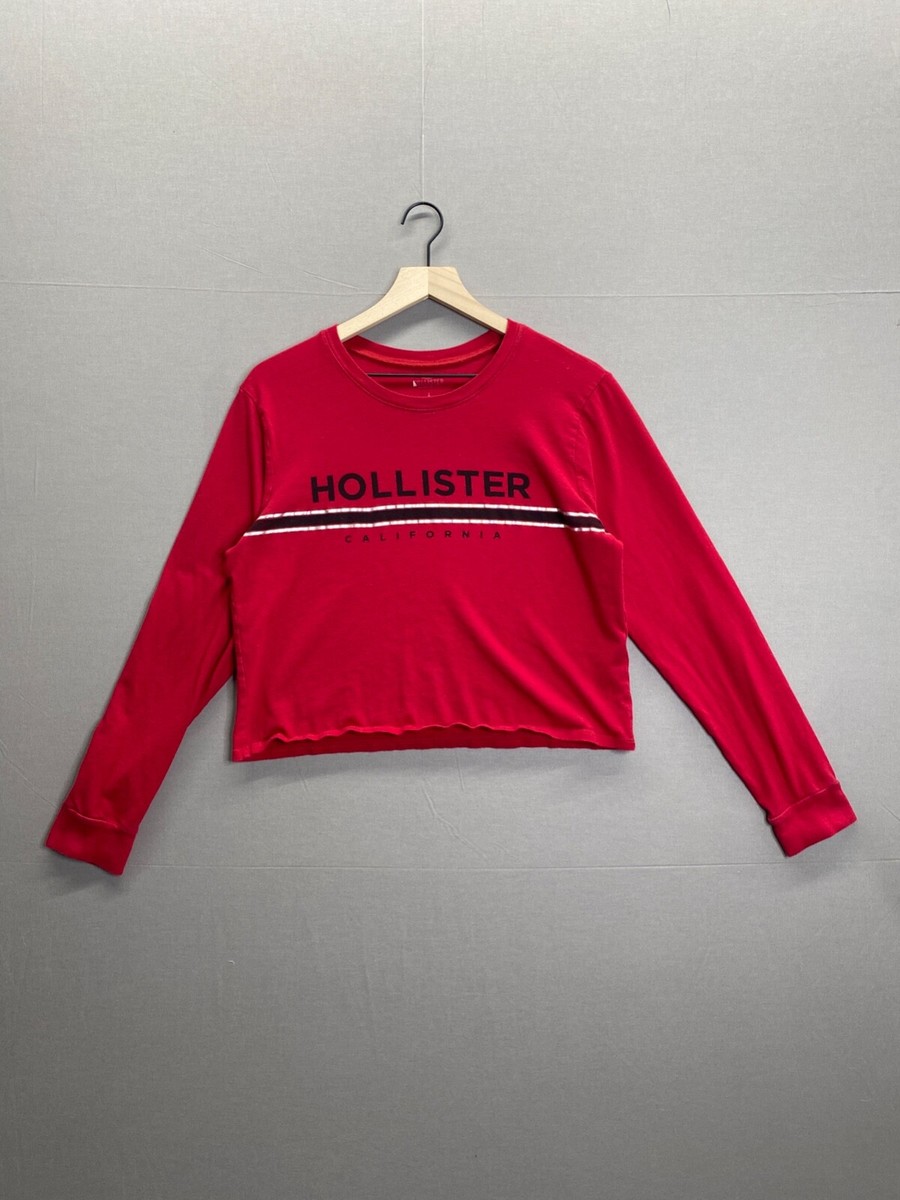 Hollister Womens Red T-Shirt Cropped Long Sleeve Crew Neck Size S