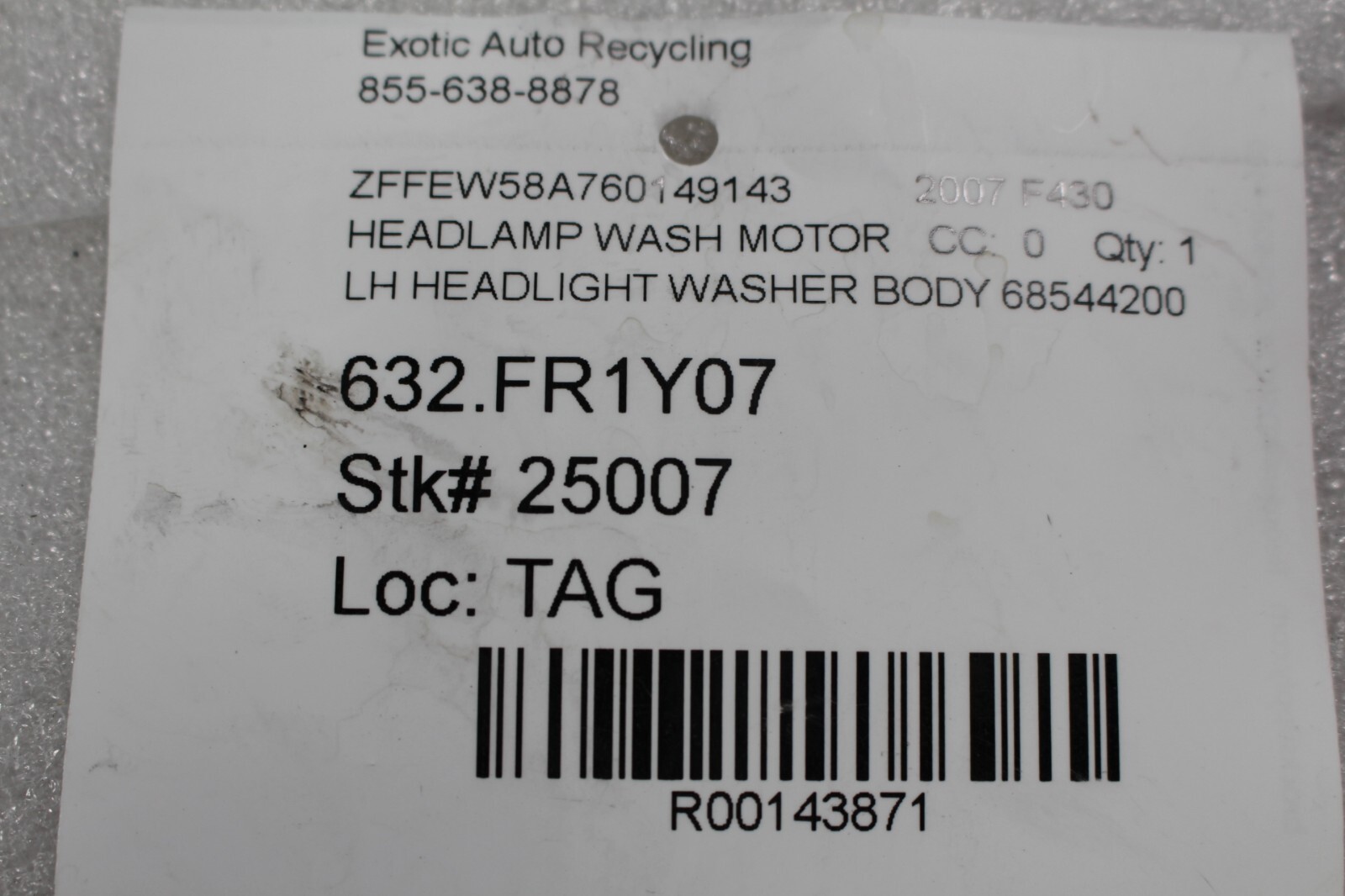 Ferrari F430 Coupe, Spider, LH, Headlight Wash Motor, Used, P/N 68544200