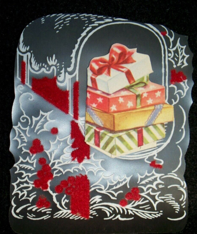 RARE VINTAGE PLASTIC FLOCKED CHRISTMAS MAILBOX PRESENTS GREETING CARD UNUSED