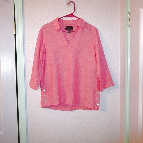 Tahari Side Button Linen Tunic Top Size S Oversized V-Neck  Lagenlook Coastal - Bild 2 von 12