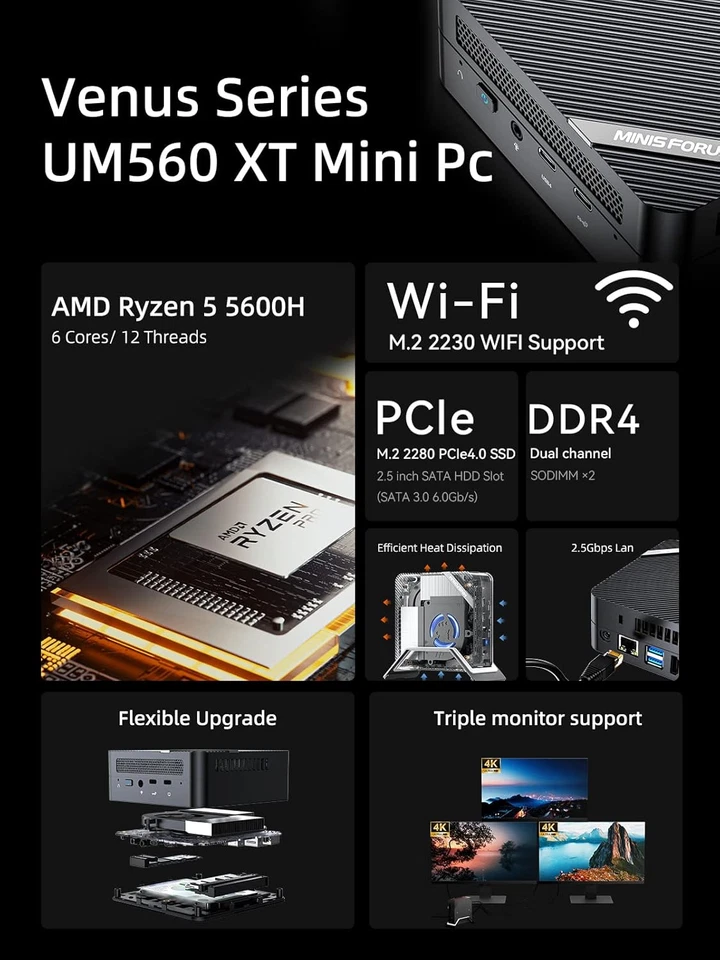 MINISFORUM UM560 XT AMD Ryzen 5 5600H Mini PC 16GB RAM 512GB PCIe SSD-NEW - Image 2 of 4