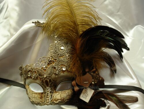 Renaissance Elegant Ostrich Feather lace Masquerade Mask Costume Prom Ball Party - Picture 1 of 4