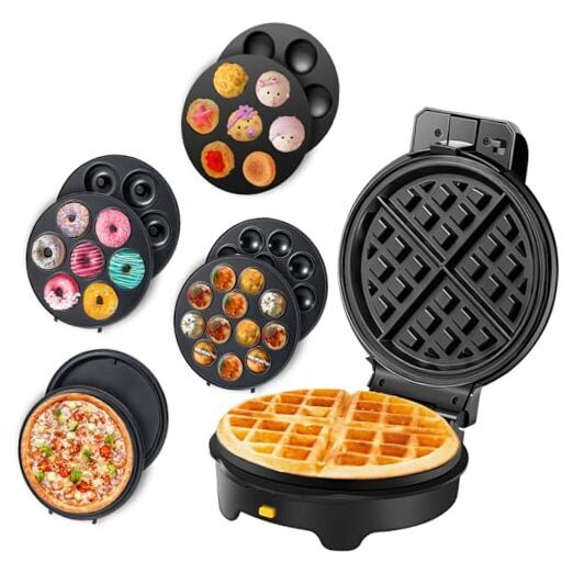 Mini Waffle Maker with 5 Removable Plates Donut Maker Pizza Pancakes Maker-image