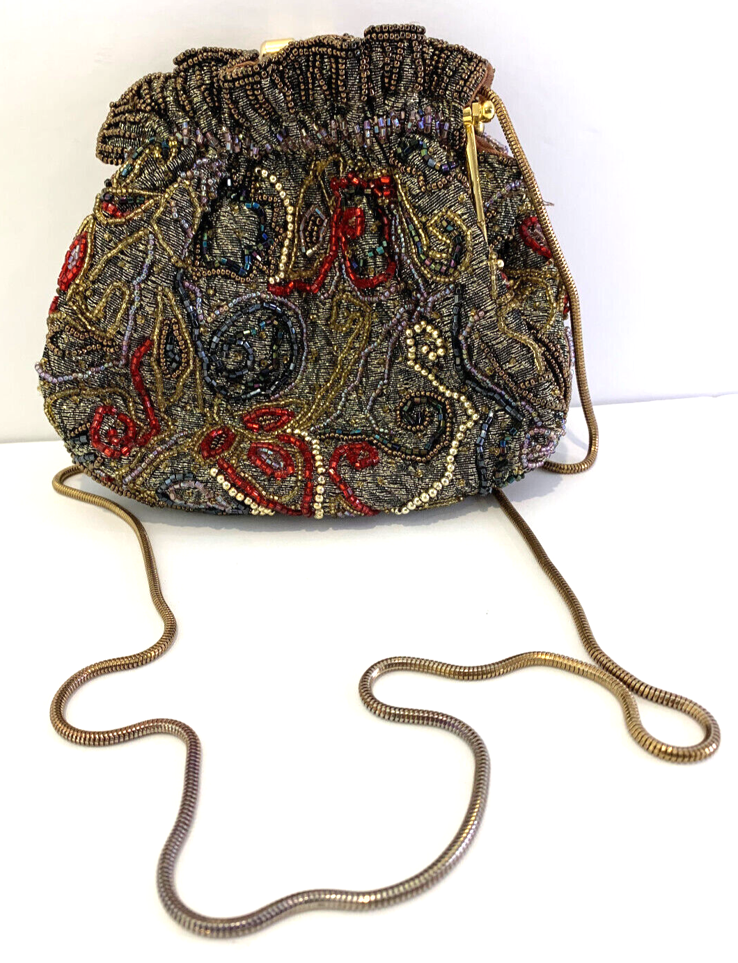 Lord & Taylor Jewel Toned Gold Beaded Evening Bag Purse Clutch Chain Strap