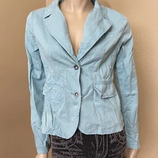 Women’s Blue Denim Cotton Casual Embroidered Button Pocket Size S Jacket Top
