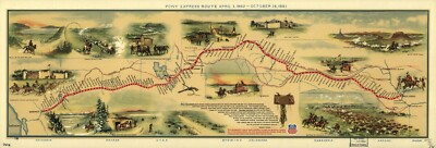 10'' x 24'' 1951 Panorama  Map of Pony Express Route National Historic Trail