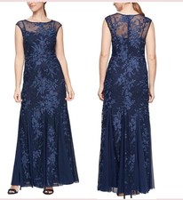 Excellent Alex Evenings Size: 12 Illusion Neck Lace Embroider Godet Gown Navy