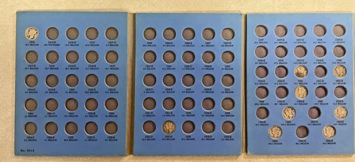 Lot of 8 Silver Mercury Dimes, 1916–1945, in Very Good Whitman Folder #902