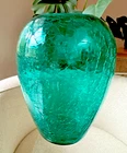 Vintage Emerald Green Crackle Glass Vase – 6.25" Handmade Otagiri, Blenko Style