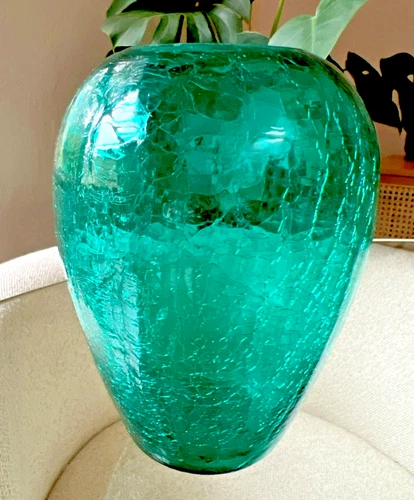 Vintage Emerald Green Crackle Glass Vase – 6.25" Handmade Otagiri, Blenko Style