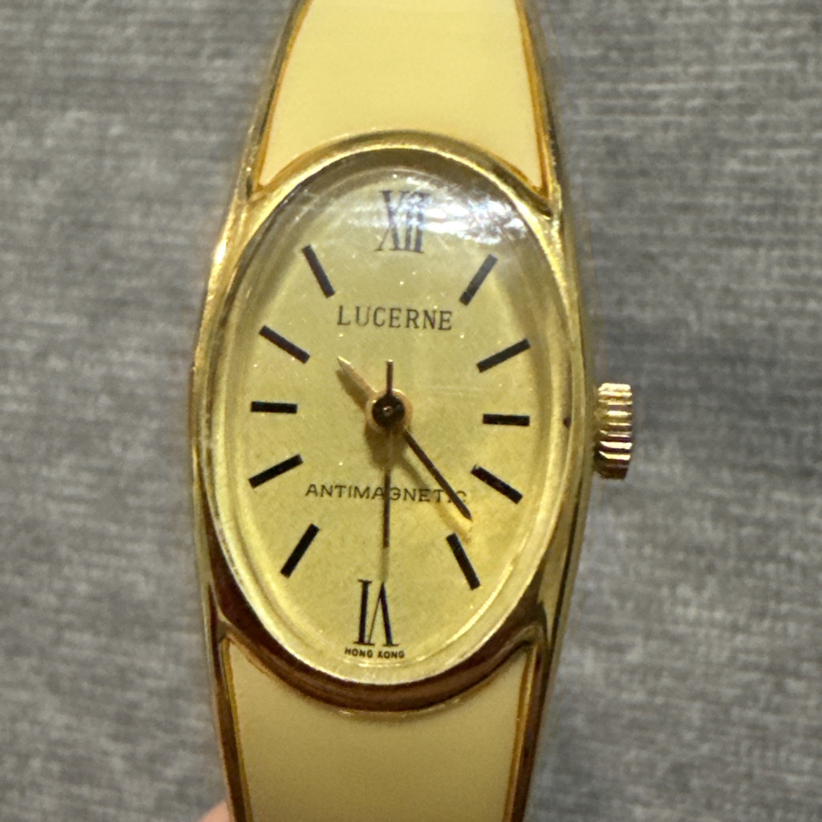 Vintage Lucerne Watch Women Gold Tone Ivory Cuff Band Swiss MCM Bangle