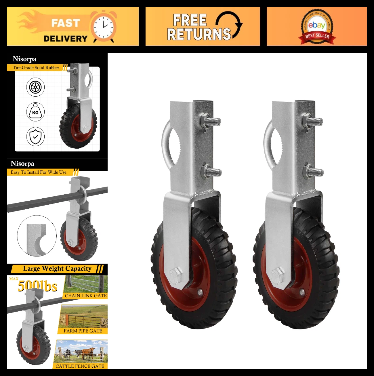 6" Farm Gate Wheel 2-Pack, Support Caster for 1-3/8" to 2-1/2" Gates, Prevent Dr