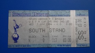 MATCH TICKET TOTTENHAM HOTSPUR v F.C. BRUGES 1984 UEFA CUP GOOD CONDITION