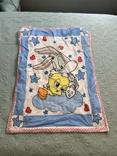 Vintage Baby Looney Tunes 1998 Crib Blanket Bugs Bunny Tweety Bird 31”x41”