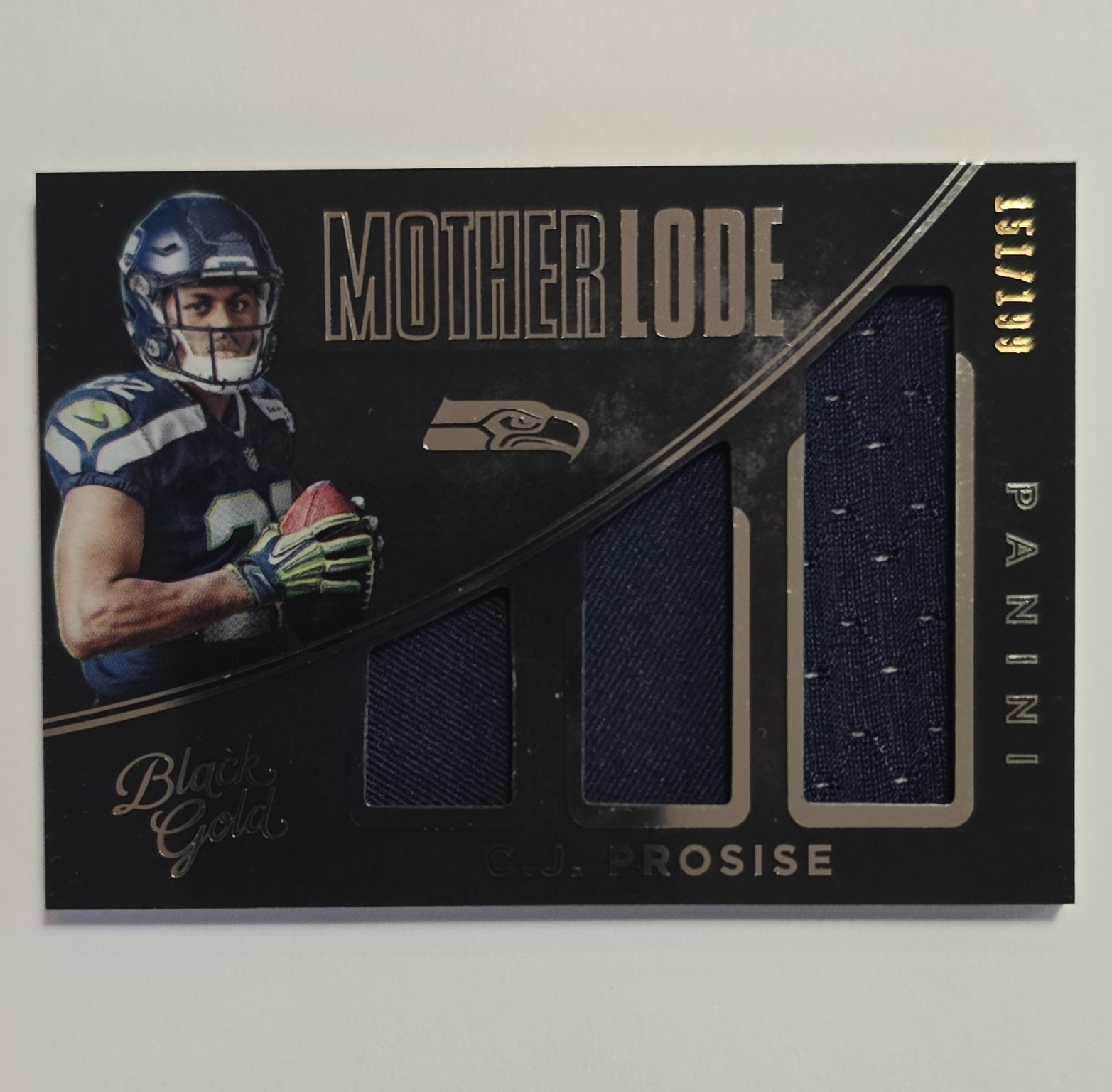 CJ Prosise Panini Black Gold Mother Lode Triple Memorabilia #ML23 White Gold