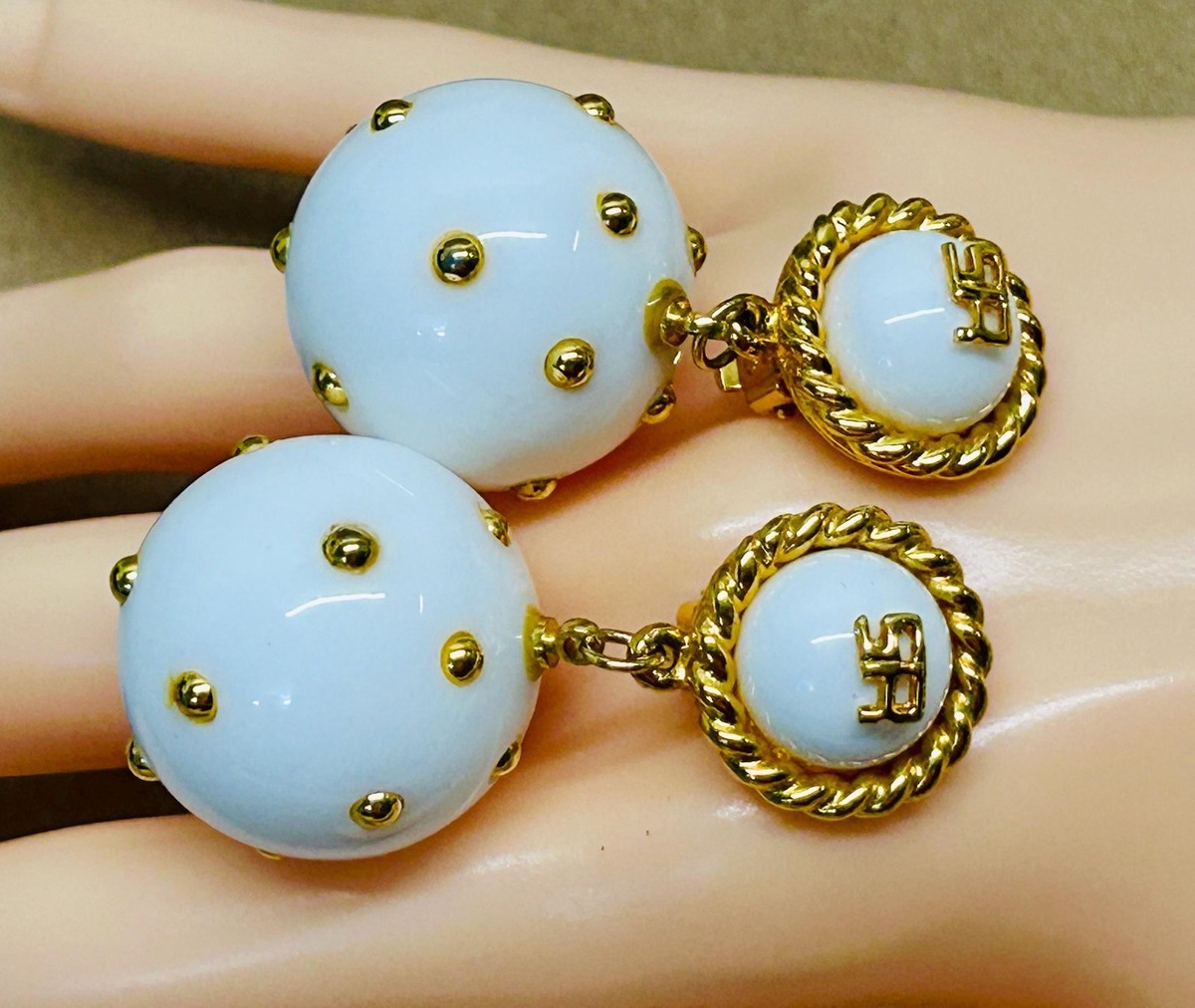 Vintage Sonia Rykiel White and Gold Clip On Earrings Plastic Gold 