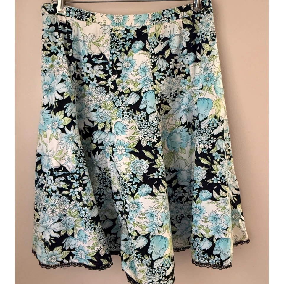 Y2K Dressbarn цветочный трапециевидный Midi юбка синий белый черный кружевной отделки размер 10 ретро - Изображение 2 из 4
