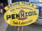 Vtg Pennzoil “Sound your Z” 1960s double-sided metal sign Gas Oil Station Shell