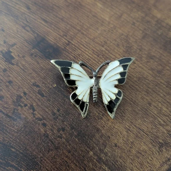 Metal Black and White Butterfly Brooch