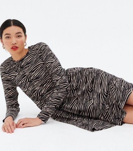 Black Zebra Print Jersey Tiered Mini Oversized Smock Dress Size 18 - Picture 2 of 4