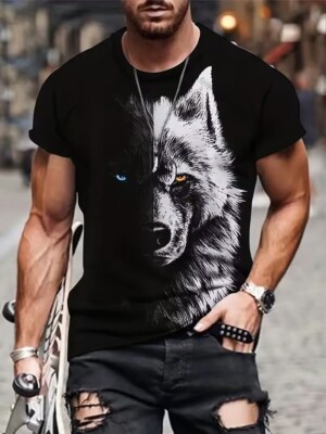 T-Shirt Men's Wolf Black White Graphic Print Short Sleeve Streetwear Vintage Tee