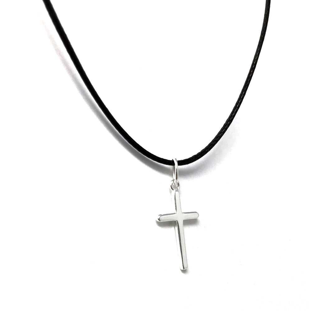 Ladies Sterling Silver Small Cross on Leatherette Cord Necklace
