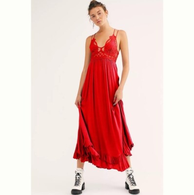free people adella dress red Free People Adella Crochet Lace Maxi Slip Dress, Cherry Red, XS