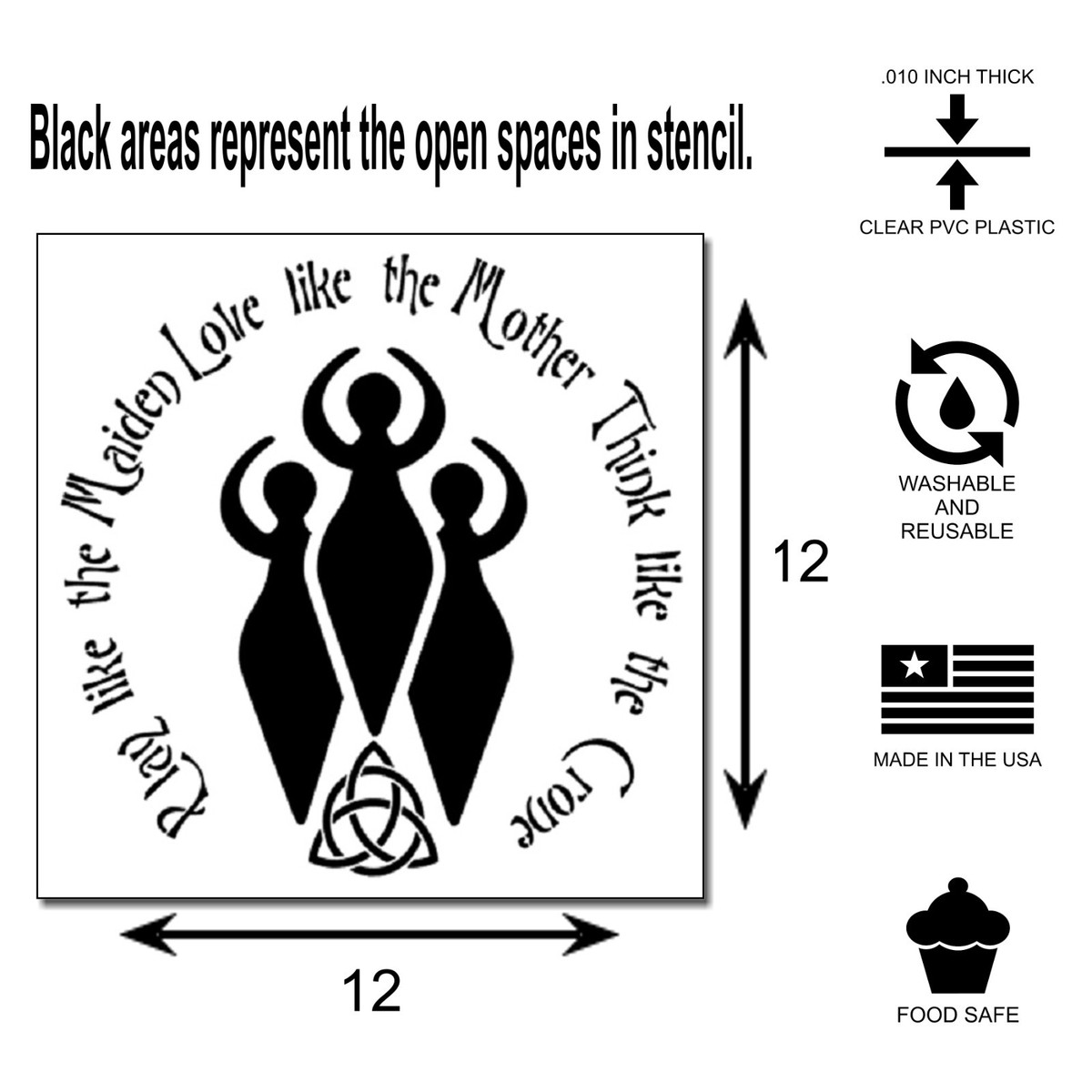 12 X 12-inch Maiden Mother Crone STENCIL Wiccan Quote w/triquetra