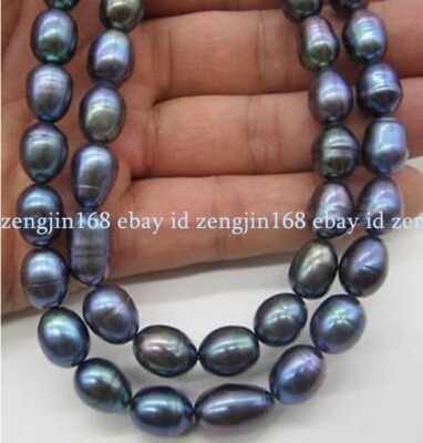 Natural 7-8/8-9/9-10m Black Freshwater Cultured Rice-shape Pearl Loose Beads 15''