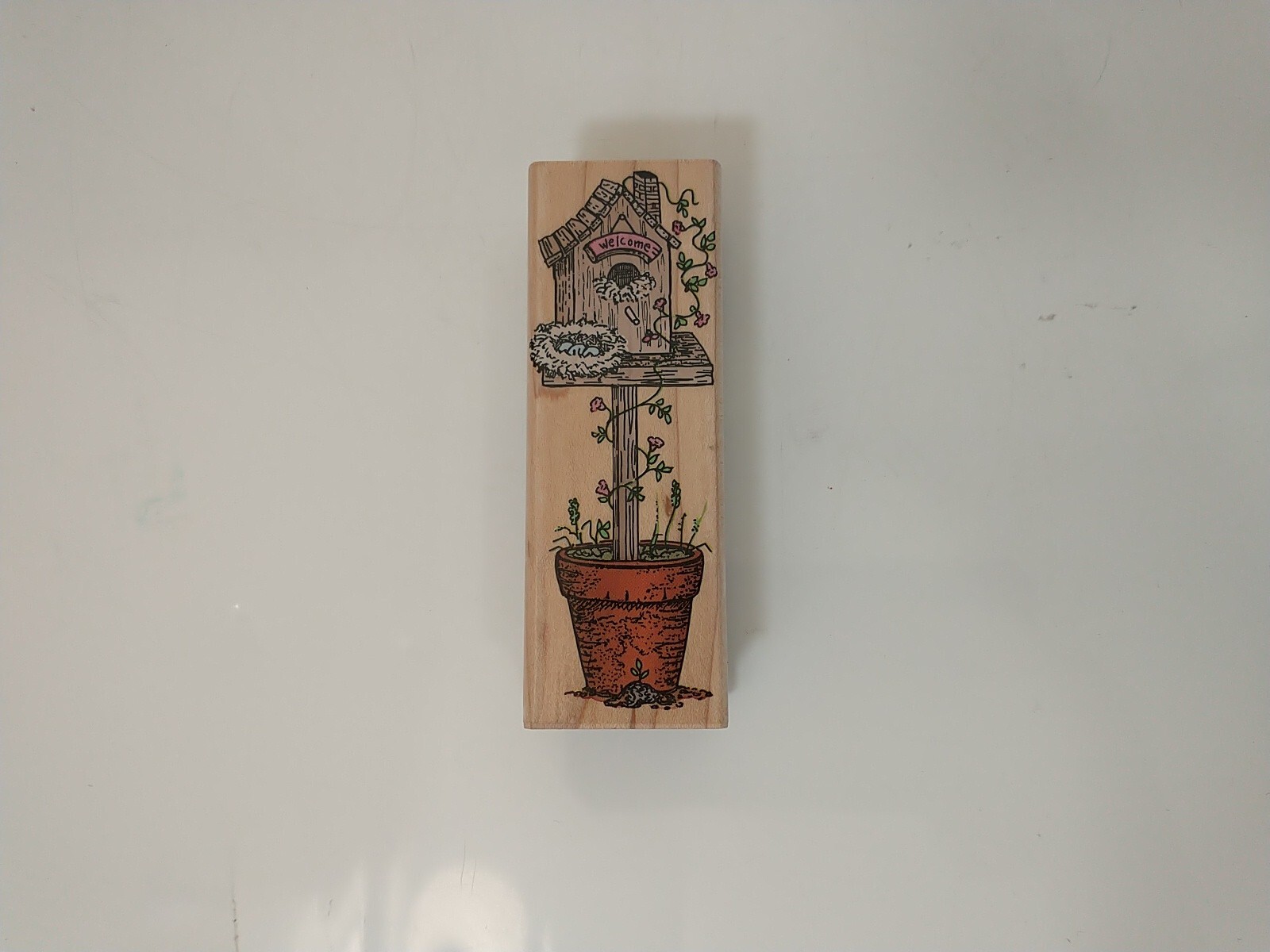 Tall Potted Birdhouse Rubber Stamp Wood Mount 3.75