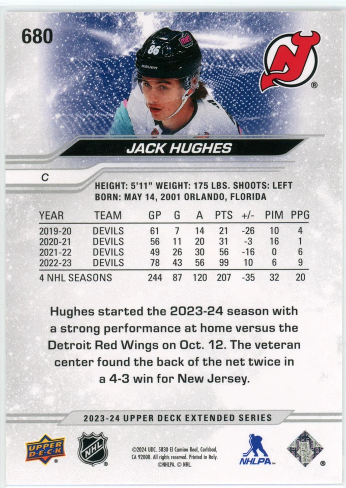 2023-24 Upper Deck Extended Series All-Star Team Deluxe /250 Jack Hughes #680 - Image 2 of 2