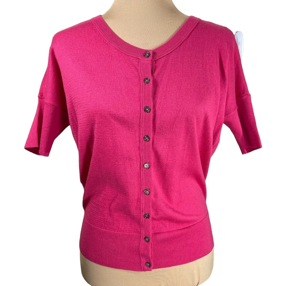 Loft Short Sleeve Cardigan Sweater Hot Pink Pima Cotton Size XS