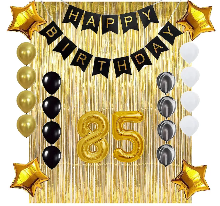 85th Birthday Gold & Black Balloon Party Decoration Supplies ...