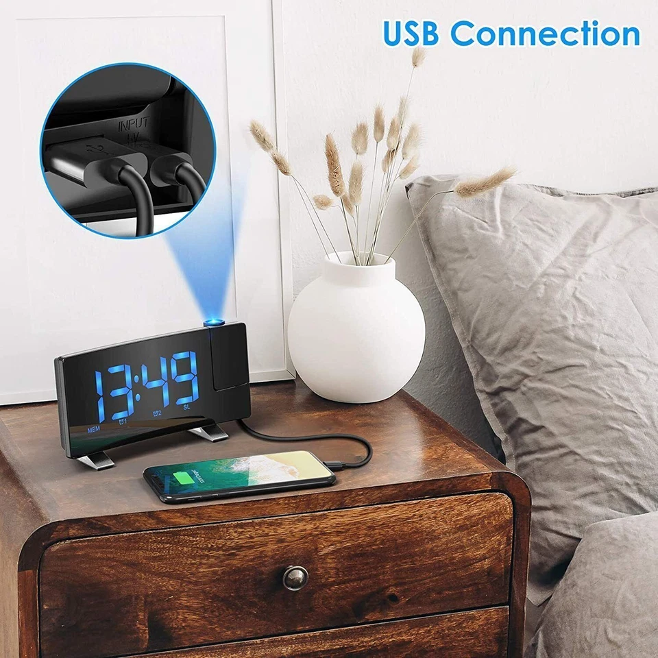 LED FM Radiowecker mit Projektion Digital Funkuhr Dimmbar Tischuhr Alarm USB NEU - Bild 4 von 4