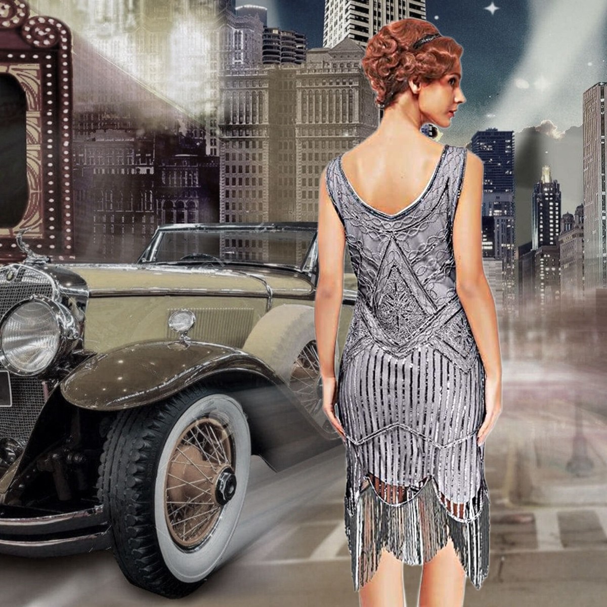 retro flapper dresses BABEYOND Embellished Sleeveless Vintage Old Lady Cocktail Dress, Black, Size XXL Finished with a layer of flowing black fringe that moves beautifully with you Plus Size 2x Flapper Dress