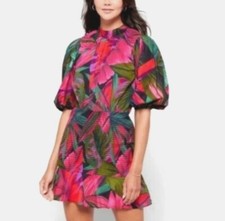 FARM Rio Midnight leaves smocked puff vibrant mini dress women's size small